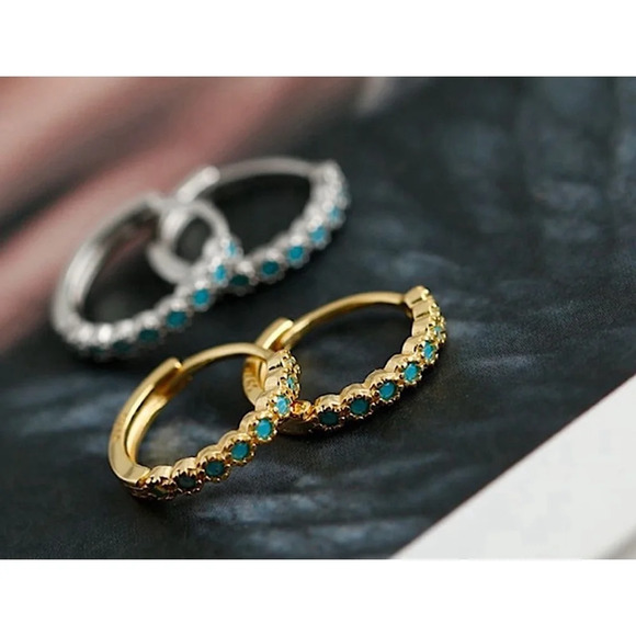 NEW Unisex Men’s Turquoise White Gold Plated S925 Silver Hoop‎ Earrings, 9mm - Picture 9 of 10